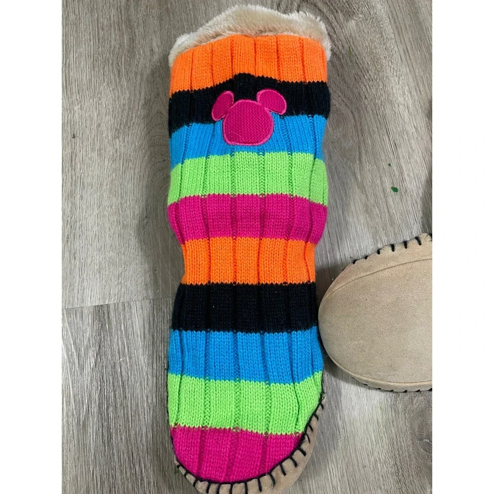 Disney Mickey Mouse Slipper Boots Kids Large XL Striped Knit Faux‎ Fur Lined